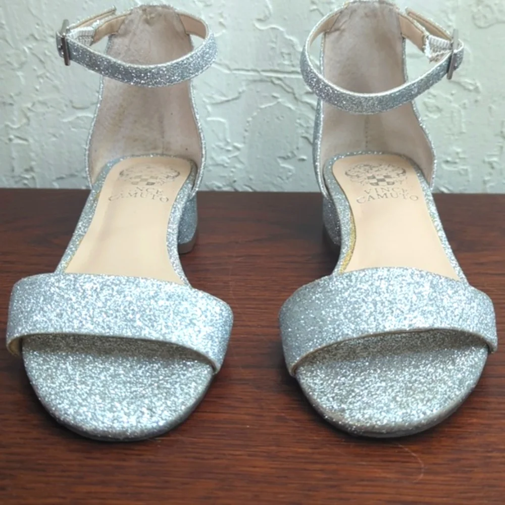 Vince Camuto Girls Pascala Silver Glitter Ankle Strap Block Heel Sandals 11